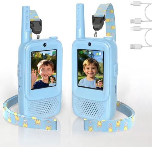ZealSound Video Walkie Talkies for Kids, 2 Pack HD Video Intercom, 200–300m Long Range, 3 Voice Effects, Rechargeable Walkie Talkie Toy for Girls and Boys Aged 3–12, Camping, Garden Play, Q8 Blue/Blue