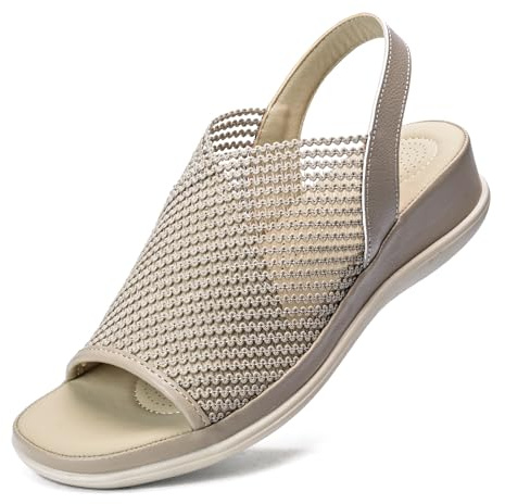 Mnking Sandales Compensées Femme Été Sandales Plateforme Orthopédique Confort Cuir Respirantes Tissu Maillé Bout Ouvert Slingback Wedge pour Marcher Loisirs Bureau