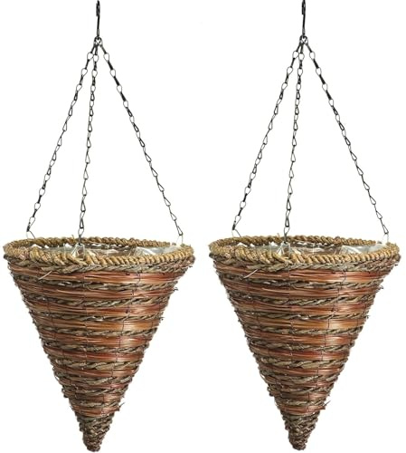 Panacea No. 88636 12 Inch, Rope & Fern Wicker Cone Hanging Basket Planters - Quantity 2