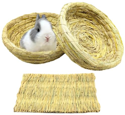 Bunny Grass Bed Guinea Pig Straw House Nest Hay Mats Grass Basket Hatch Chew Toy for Dwarf Rabbit Chinchillas Hamster Fancy Rat Pigeon Parrot 3 Pcs