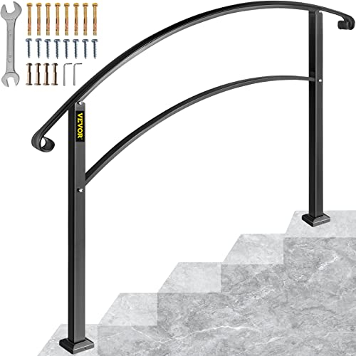 VEVOR Handrails for Outdoor Steps, Fit 1 or 5 Steps Outdoor Stair Railing, Black Wrought Iron Handrail, Flexible Front Porch Hand Rail, Transitional Handrails for Concrete Steps or Wooden Stairs