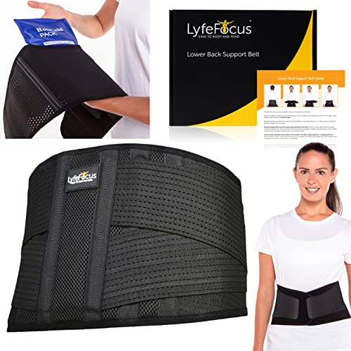 LyfeFocus Premium Adjustable Lower Back Support Belt for Men & Women - Breathable Lumbar Support Brace Supplied with Reusable Hot Cold Pack for Pain & Muscle Tension Relief (Check Size Table: XL)