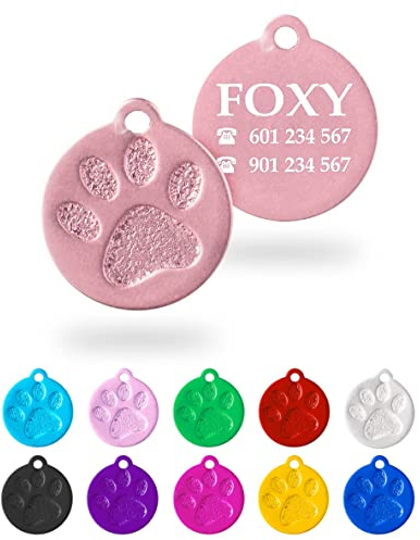Ibera Gifts - Chapa Perro Grabada en Forma Redonda con Huella, Placa Perro Personalizada para Perros y Gatos Pequeños a Medianos, Tamaño 26 x 23 mm, Chapa Identificativa Perro y Gato (Rosa)