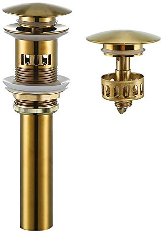Swhyger Bathroom Sink Pop Up Drain with Removable Brass Strainer Basket,with Overflow Lavatory Vessel Basin Sink Drain Stopper,Brushed Brass Sink Drain Gold 83606-1BG2.