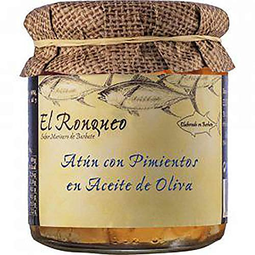 Tarro de Ventresca de Atún con Pimientos en Aceite de Oliva de 250 gramos | Conservas de pescado El Ronqueo | Conserva gourmet elaborada con Aceite de Oliva en Barbate (España)