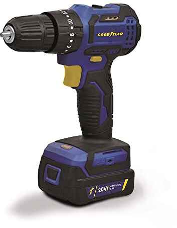 Goodyear - Taladro de Impacto Inalambrico con Maletin, 20V Brushless, 2 Velocidades 0‑1500 rpm, Atornillador, Par máximo 27/45 Nm, Regulador 21 posiciones, Batería 2,0Ah + Cargador rápido incluidos