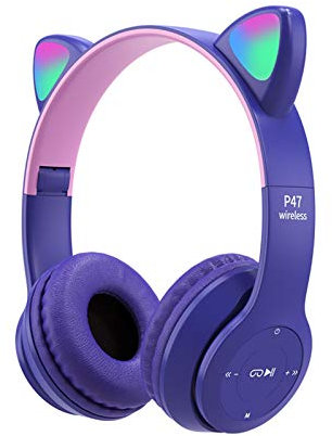 Auriculares para niños, orejas de gato LED con luz Bluetooth 5.0 plegable inalámbrico para juegos para niños adultos, micrófono incorporado con de ruido sobre auriculares (gris rosa)
