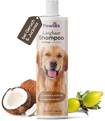 Pawlie's Hundeshampoo Langhaar zur Fellpflege für bessere Kämmbarkeit | Hundeshampoo gegen Geruch mit Bio-Arganöl und Biotin | Dog Shampoo | Hunde Shampoo Fellpflege Langhaar | Conditioner Hund