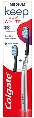 Colgate Keep 360 Max White Toothbrush Starter Pack - Replaceable Head Toothbrush - Reusable Metal Handle - 2X 360 Max White Toothbrush Replacement Heads - Stain Removing Cups