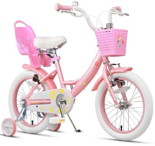 Glerc Maggie 16 Pulgadas niñas Bicicleta Edad 4 5 6 7 8 años de Edad niños Bicicleta Estilo Princesa con Asiento de la muñeca Cesta Pata de Cabra Campana para cumpleaños, Rosa y Blanco
