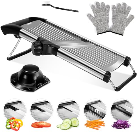 Masthome Mandoline Professionnelle de Cuisine - Trancheuse Légumes Multifonction avec 5 Lames en Acier Inoxydable, Coupe-Légumes Sécurisé pour Julienne, Rondelles, Frites et Plus - Facile à Nettoyer