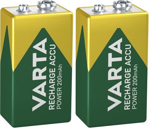 VARTA Pilas de 9V, Recargables, Paquete de 2, Recharge Accu Power, batería Recargable, 200 mAh, sin Efecto Memoria, precargadas, Listas para Usar