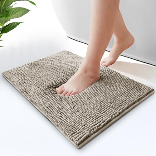 Moonlight Bedding Bath Mat Non Slip Anti Mould - Chenille Shower Mat Khaki 40 x 60 cm Super Absorbent Bathroom Mat Machine Washable Extra Soft Fluffy Bathmat