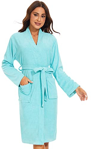 Ymmchy Weicher Bademantel Damen Frottee Morgenmantel Leichte Saunamantel Women Sauna Robe Blau XL
