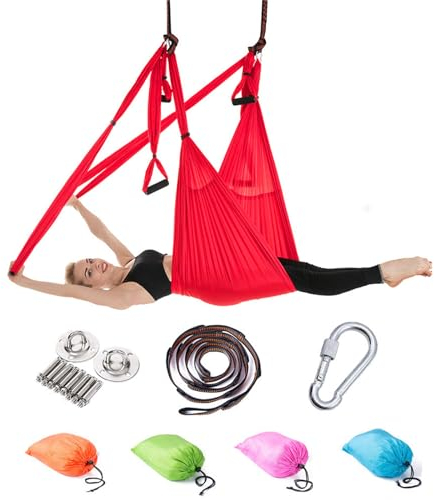 Yogatuch Zum Aufhängen Yoga Hängematte Set Aerial Hängematten Hammock Swing Therapieschaukel Schaukeltuch Yogagurt Hängetuch Inversion (Groß Rot)