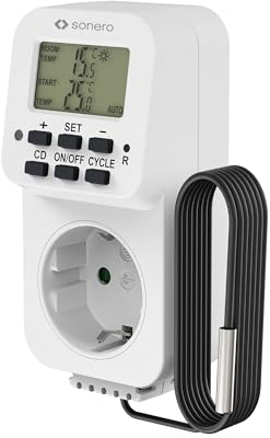 sonero digitales Thermostat Steckdose, Temperaturregler, Heizung, Kühlung, zeitgesteuert mit externem Fühler, für Terrarium, Gewächshaus, Räucherofen, als Frostwächter, 3600 Watt, weiß