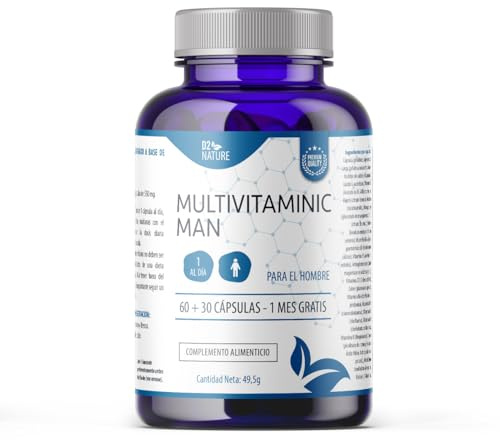 Multivitamínico Hombre - Vitaminas C E B1 B2 B6 B12 - Ácido Fólico - Complejo Multivitaminico - 90 Cápsulas - Salud Ósea - Energía Inmunidad - Calcio - Hierro - Niacina - Suplemento Diario | D2 Nature