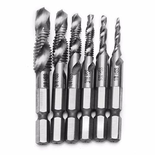 6-tlg. 1/8-3/8 Zoll BSW-Gewinde HSS-Kombi-Gewindebohrer-Bit-Satz 1/4 Zoll Sechskantschaft Entgrater-Senker-Bits(6pc tap)