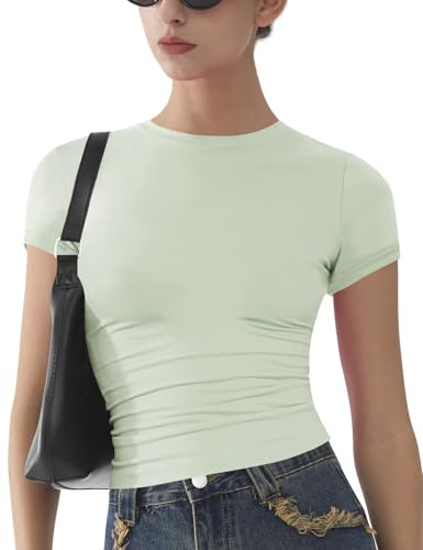 Womens Basic Short Sleeve Slim Fit T Shirts Soft Crewneck Crop Y2k Tees Summer Stretchy Cute Tops Pale Green XXL