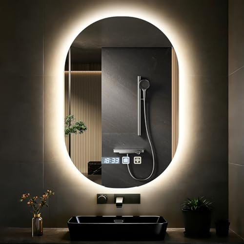 wowspeed Miroir de salle de bain rond avec éclairage 75 cm x 50 cm, miroir de salle de bain rond avec horloge, LED, intensité variable, 3 couleurs de lumière, désembuage, mémoire de lumière, miroir de