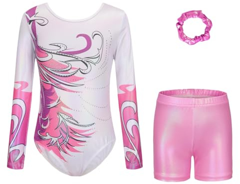 Cucudy Justaucorps de gymnastique 3 pièces pour fille - Dégradé de couleurs - Avec short - Bandeau à cheveux scintillant - Sans manches - Pour la danse, le ballet, la gymnastique - Sportif - Pour