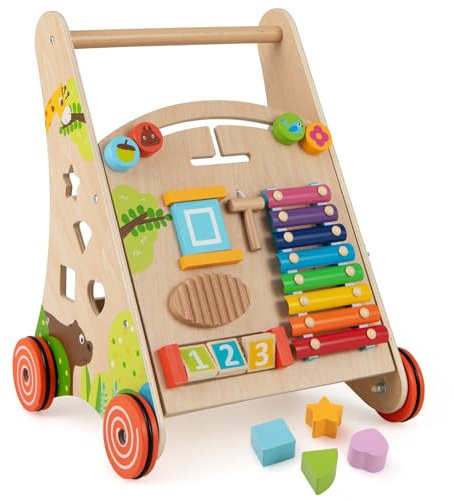 COSTWAY gåstol trä, baby gåvagn med handtag, lagringsutrymme och hjul för att skjuta och dra, Montessori-pedagogisk leksak för att sitta och stå för barn från 1 år
