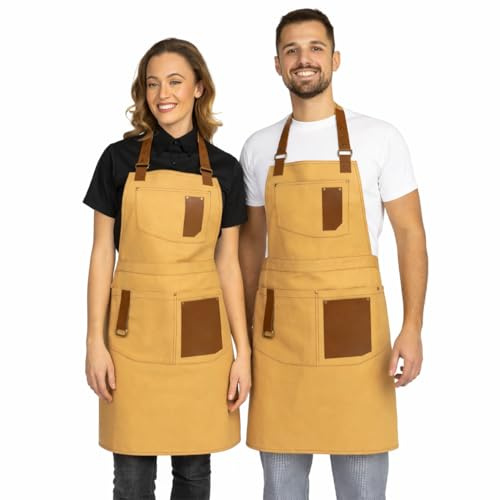 PALLTEX GERARD unisex arbetsförkläde – premium canvasförkläde med justerbara hängslen och flera fickor för kök, restaurang, bar, BBQ, hantverk och mer, Beige., S-M