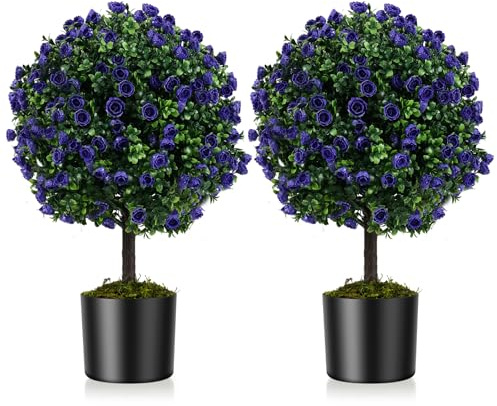 GIANTEX Juego de 2 Árboles de Boj con Rosas Moradas, Plantas Artificiales en Maceta con Bolas de Arbustos de Boj, Protección Solar, Plantas Decorativas para Entrada, Salón, Balcón