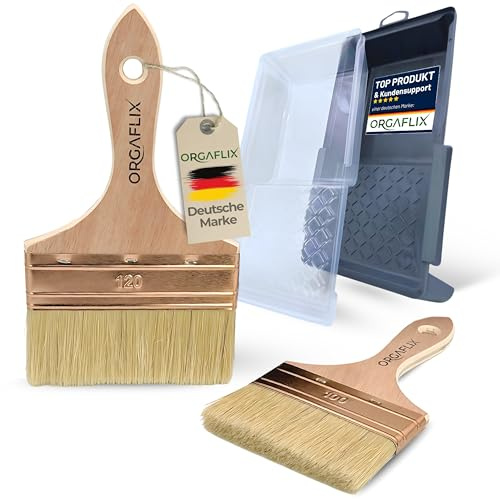 ORGAFLIX Flächenstreicher-Set 120mm + 100mm inkl. Farbwanne 15x30cm + 2 Einsätze für Öl, Lacke, Lasur, Beizen, Acryl, Kreidefarbe, Möbel, Breite Pinsel, Malerpinsel, Perfekt für große Flächen