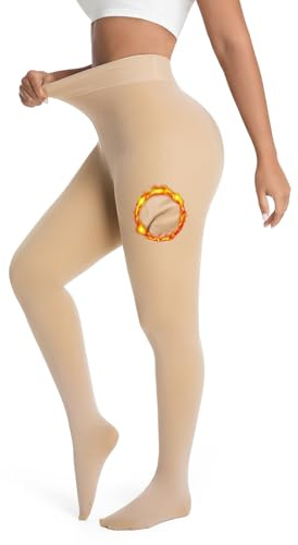 DIKER Medias Térmicas Mujer Invierno, medias termicas con Forro Polar, pantys termicos mujer de Alta Elasticidad y Cintura Alta, Largo Extra (Color Carne)
