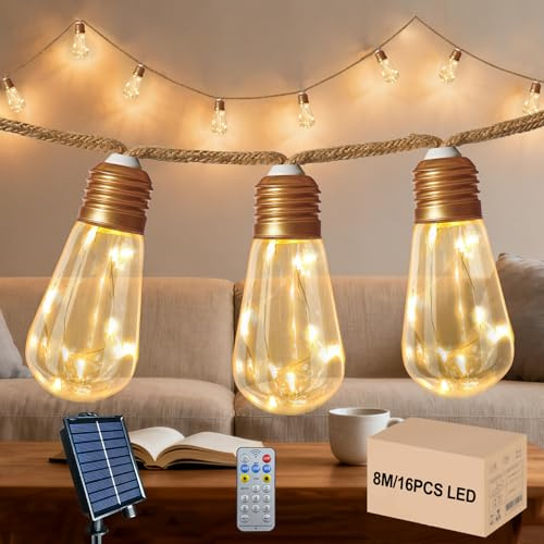 GLOBELIT Solar Lichterkette Outdoor, 8m Lichterketten mit 16 LED, Fernbedienung, Einfache Montage, Energiesparend und Umweltfreundlich für Festliche Außendekoration (Yellow)