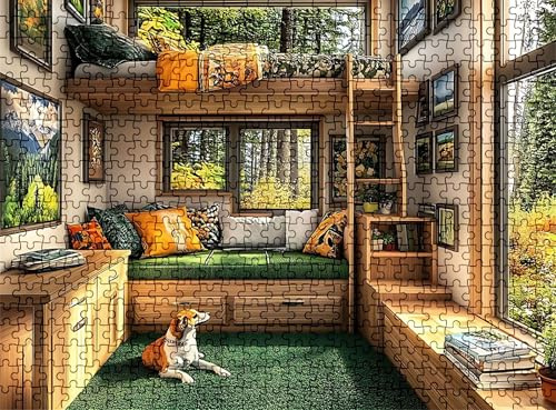 Pussel 1 000 delar, träpussel för vuxna hundfönster impossibla klassiska jigsaw pussel 75 x 50 cm, familjespel, pussel stressminskning tankespel, pusselälskare w0-211