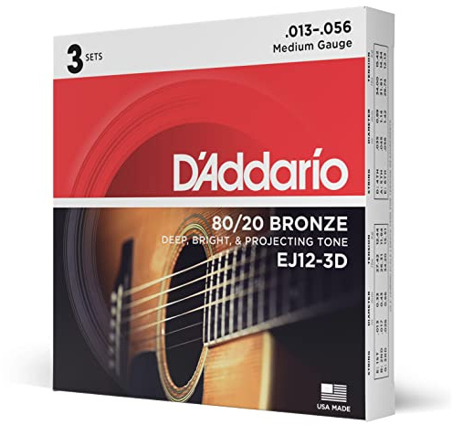 D'Addario EJ12-3D 80/20 Bronsfärgade Akustiska Gitarrsträngar, Medium, 13-56, 3 Sets