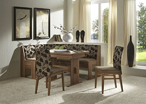 Beauty.Scouts Eckbankgruppe Flower Crush II, Walnuss Dekor Eckbank Tisch 2Stühle schwarz braun floral 4teilig Truheneckbank Küche Esszimmer Landhaus
