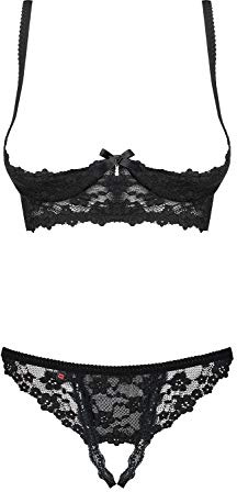 Selente Love & Fun Sfizioso Completo Intimo a 3 Pezzi: Reggiseno, Slip ed Esclusiva Benda per Occhi in Raso, Nero Aperto, L-XL