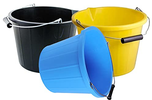 Set of 3 Strong Plastic Builders Bucket - 14L/3 Gallon Multipurpose Storage Bucket With Metal Handle & Spout - Random Colours