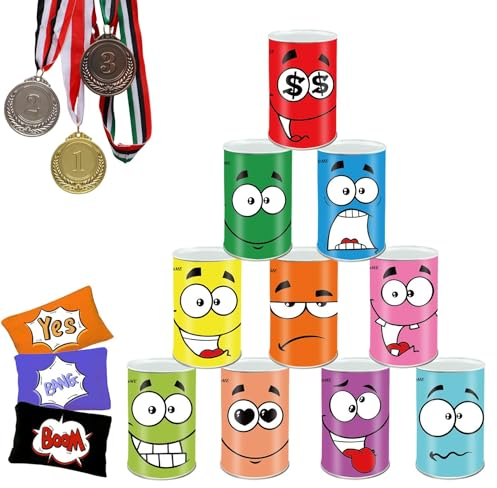 Ulifeme Dosenwerfen, Spielzeug Garten Spiele Kinder für Kindergeburtsta und Andere Party, 10 pcs Lächeln Dosen + 3 pcs Lustig Wurfsäckchen + 3 pcs Medaillen Set für Gartenspiele, Dosen Werfen Spiele
