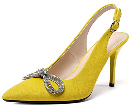 EDEFS Damen Hohe Stiletto Schuhe Slingback Knöchelgurt Pump Elegante Strasssteine Bowknot Kleid Schuhe Wildleder Gelb Größe EU37