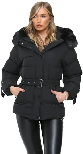 kraftd Womens Puffer Jacket Ladies Belted Padded Winter Coat With Faux Fur Hood