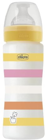 Chicco Babyflaschen Well-Being, schneller Fluss, weichem Silikon-Physio-Sauger und Soft Sense Finish, Anti-Antikolik, reduziert Aufstoßen und Reizbarkeit, 330 ml Plastikflasche, 4 Monate plus, Gelb