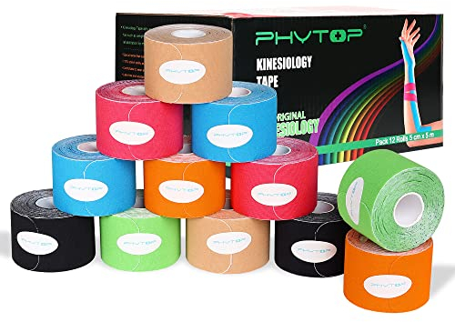 PHYTOP 12 Rollen Kinesiotapes Vorgeschnitten - Sport Tape 5cm x 5m für Knie, Schulter und Ellbogen, Elastisch Therapeutisches Kinesiologie Tape zur Stärkung der Muskeln und Genesung bei Verletzungen