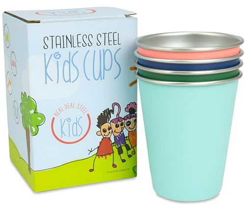 Stainless Steel Kids Cups - Set of 4 - Metal Cups for Children and Toddlers, Premium 10 oz Drinking Glasses in Fun Colors, BPA Free, Unbreakable (Assorted 2)