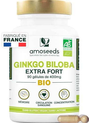 Ginkgo Biloba BIO | Extra Fort, 4560mg par jour | Stimulant cognitif, Mémoire, Circulation Sanguine | 90 Gélules Vegan | Qualité Supérieure