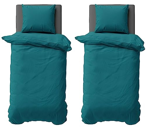 Visaggio Bettwäsche 4 teilig 155x220 cm Mikrofaser Uni Einfarbig Bettbezug Set mit Reißverschluss Deckenbezug Petrol