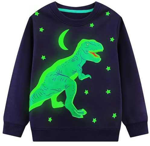 FILOWA Felpa Ragazzo, Ragazzi Cotone Sweatshirt Dinosauro Modello Pullover Senza Cappuccio Girocollo Casual Caldo Sportivo Moda Maglione Manica Lunga Maglietta Top 3-4 Anni,Blu Marino
