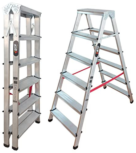 BTF | Escalera Tijera Plegable Doble Cara 6 Peldaños en Aluminio | 6+6 Plataforma H.134 cm | Altura Alcanzable 3,1 Metros | Certificada EN131 Capacidad Carga 150 kg. BTF-DDB06