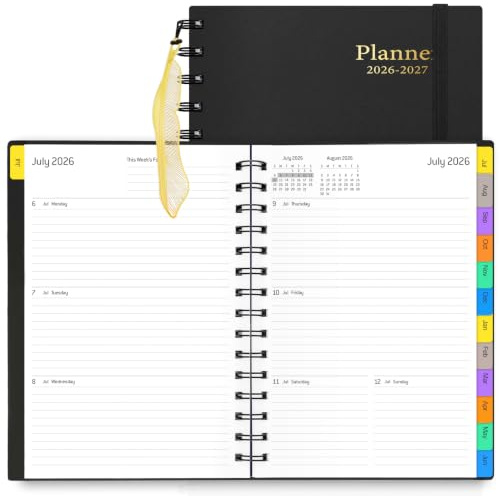 Daily Planner 2026-2027, 18-Month Weekly and Monthly Calendar Planner, January 2026 - June 2027, Planning Agenda Book with Laminated Tabs, Flexible Cover, 100GSM Thick Paper, A5 Size,Black