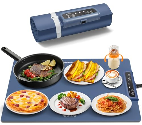 INNOWARMER Chauffe Plat Électrique, Plaque Chauffante Électrique Silicone Pliable Flexible, Plaque Chauffante avec 3 Température Réglable et Minuteur, Chauffe Plat pour Buffet Fête Familiale (Bleu)
