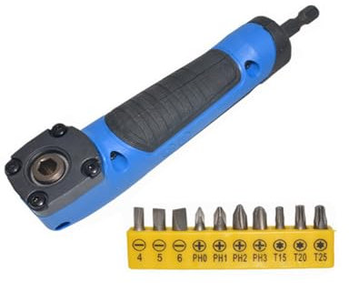 Cacciavite a batteria, ad angolo retto per trapano, cacciavite, adattatore con 10 punte per forare (blu)