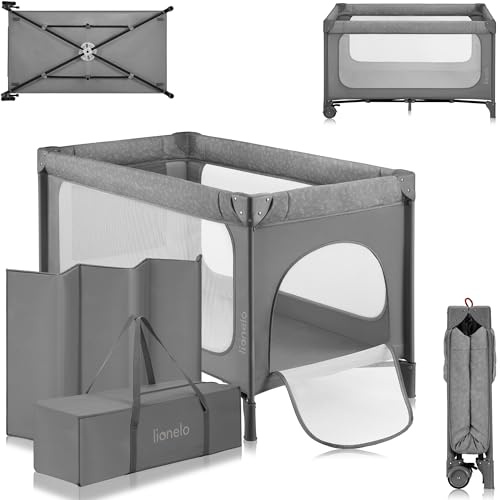 Lionelo Jasmin Easy FoldReisebett für Kinder bis zu 15 kg von 0 bis 36 Monaten Schaumstoffmatratze T25, 2 Höhenstufen, Einfaches Zusammenfalten Easy Fold, Seiteneinstieg, Rollen